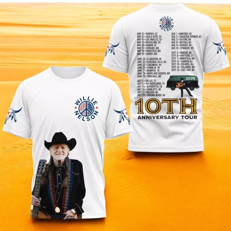 Willie Nelson 10th Anniversary Tour 2025 3D T-Shirt Presents For Music Lovers Oregontrailrvpk Shirt