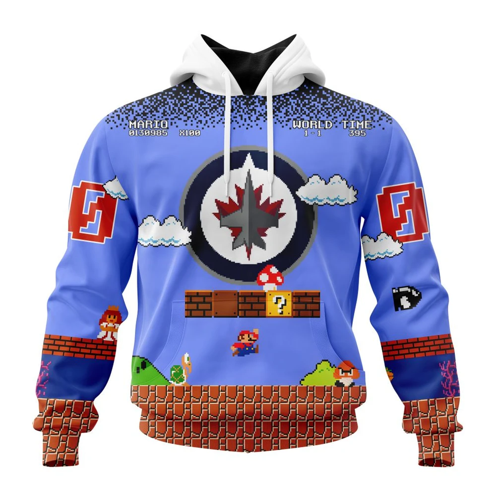 Winnipeg Jets Special Kits With Super Mario Game Design All Over Print Hoodie Style 71636