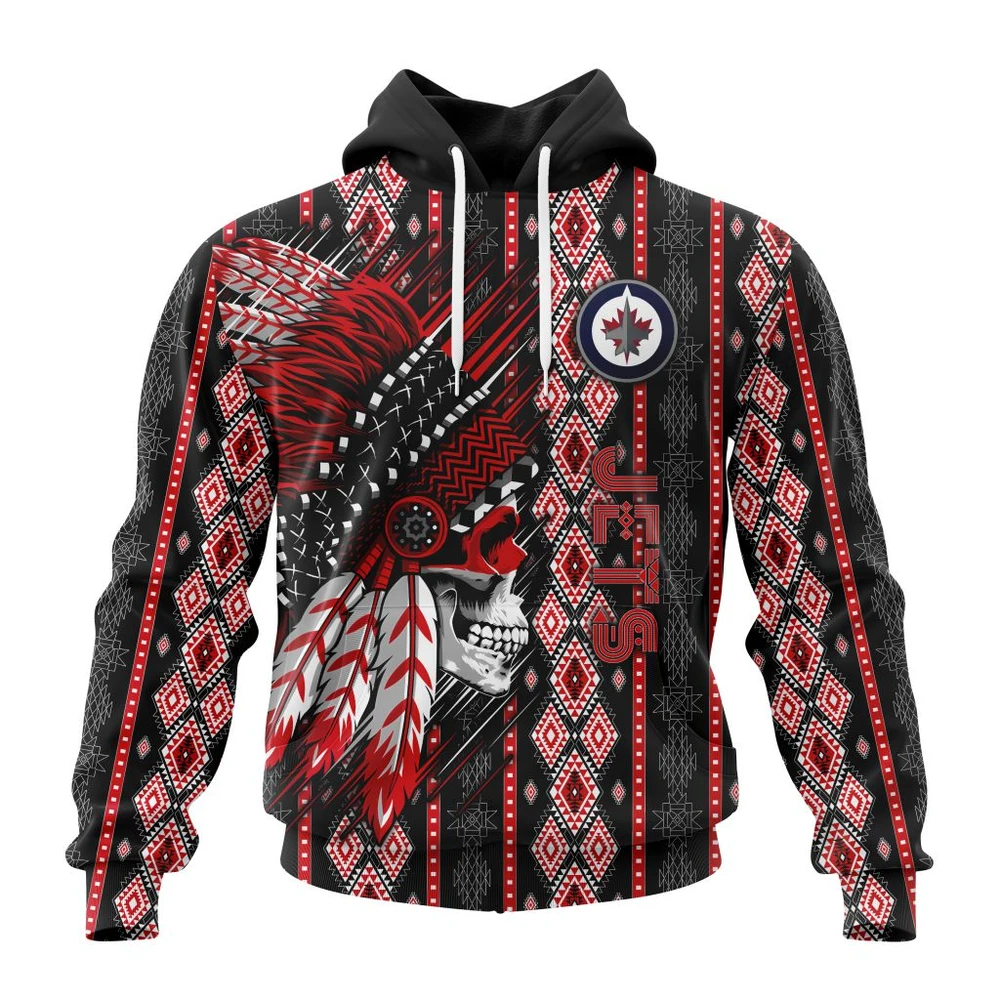 Winnipeg Jets Special Skull Native Design All Over Print Hoodie Style 23125