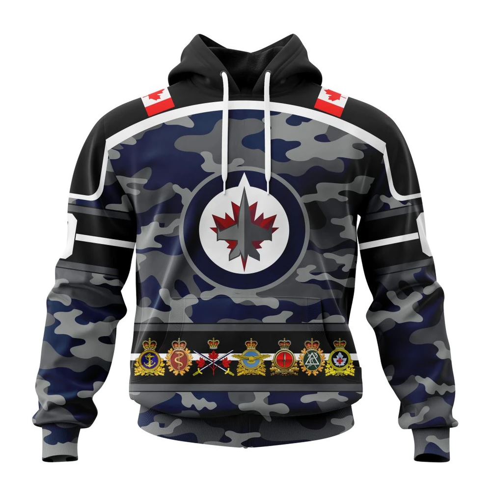 Winnipeg Jets Specialized Design Wih Camo Team Color And Military Force Logo All Over Print Hoodie Style 79215
